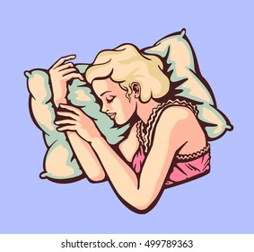 girl sleeping on side on pillow, woman sound asleep dreaming vector illustration