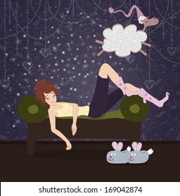 The girl sleeping on a sofa, a sheep and funny slippers.