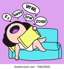 Girl Sleeping On Sofa With The Speech Bubble With The Word Happy New Year 2018 Concept Card Character illustration