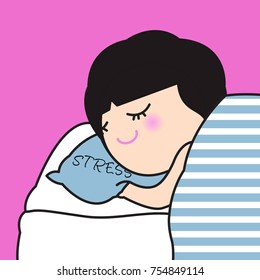 Girl Sleeping On Stress Word. Concept Of Delay Making A Decision On Something Until The Following Day So Having MoreTime To Consider Card Character illustration