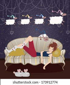 The girl sleeping on a vintage sofa and the sheep running on a floral background with curly elements and a heart-shaped decoration. 