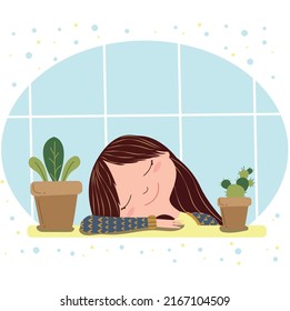 girl sleeping on the windowsill. indoor plants and window