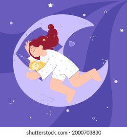 The girl is sleeping. A girl in pajamas and a cat are resting on the moon. Quiet sleep and relaxation. For children's design