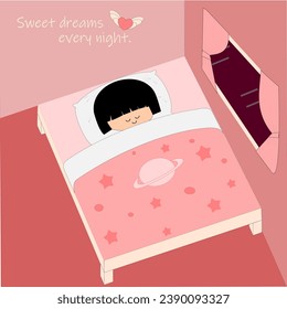 A girl was sleeping in a pink bed, happily wearing a pink star-patterned blanket in the pink bedroom. 