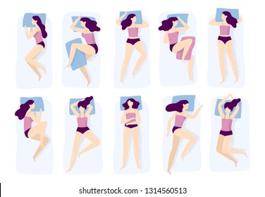 Girl sleeping poses. Various sleep pose with hand on pillow case. Sleep position, sleeping woman posture or tired lying dreaming girl poses. Isolated vector illustration icons set