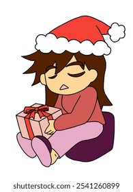 A girl sleeping with a present at Christmas