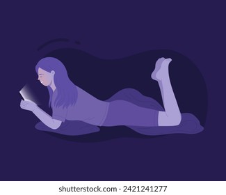 Girl with sleeping problem. Teenager with bad habit using phone all night cartoon vector illustration