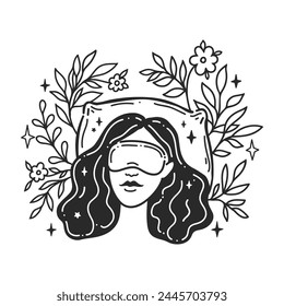 Girl sleeping. Self care, love yourself. Feminine vector Illustrations. Mental Healthcare. The woman harmony. Doodle style