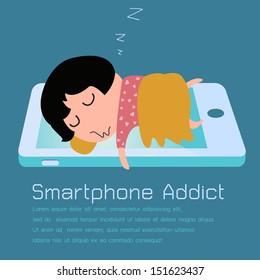 Girl sleeping with smartphone in concept of smartphone addiction. Vector illustration.