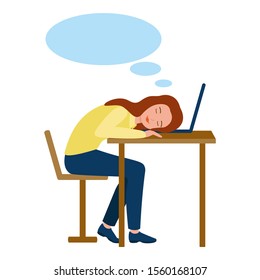 Girl is sleeping sweetly at workplace at laptop, speech bubble. Fatigue, stress, drowsiness, boredom. Vector illustration