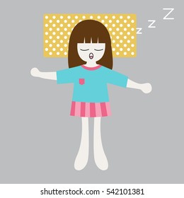 Girl sleeping top view on gray background.