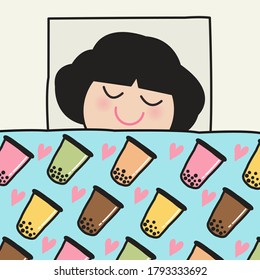 Girl Sleeping Under Bubble Milk Tea Pattern Blanket Concept Card Character illustration