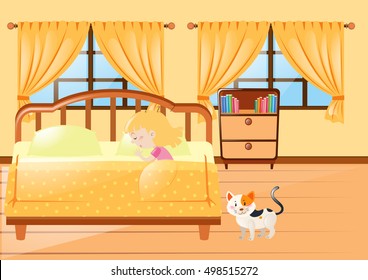 Girl sleeping in yellow bedroom illustration