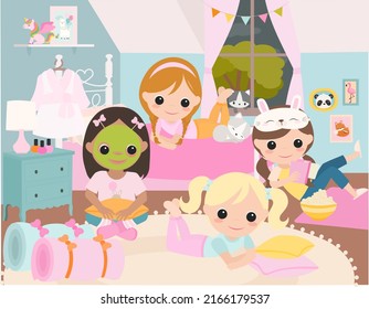 Girl Sleepover Slumber Party With Sweet Girls Illustration