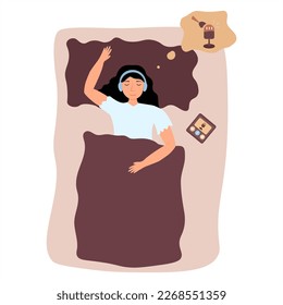 Girl sleeps in bed and listens to soothing music, young woman listens to player in bed