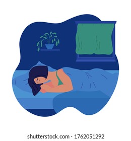 Girl sleeps in bed at night. Concept of healthy sleep with young woman in the bedroom. Plant on the shelf and window with curtains. Isolated on white background flat style vector illustration.