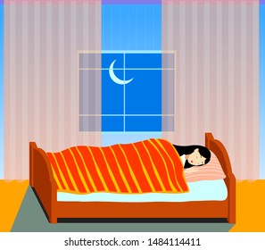 The Girl Sleeps in Bed Under a Blanket. Room and Night Window Background. Vector Illustration in Flat Cartoon Style.