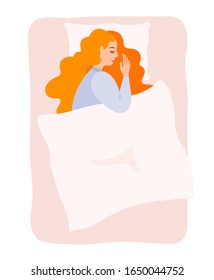 Girl sleeps in bed under a blanket curled up. Cute colorful character in cartoon style. Vector illustration with a woman sleeping on her side.