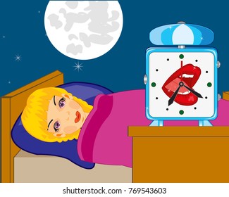 Girl sleeps in bed and watches alarm clock on night table