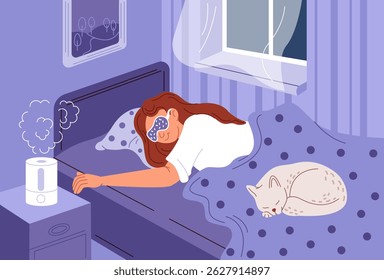 A girl sleeps with a cat in a bedroom with air humidifier. Comfort and coziness in the apartment. Healthy sleep. Vector illustration in flat style isolated on a white background