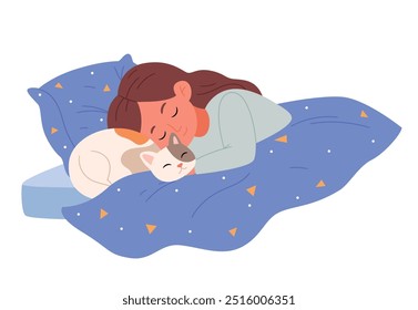 
Uma menina dorme com um gato em uma cama bonito. Pessoa dormindo na cama com gatinho.