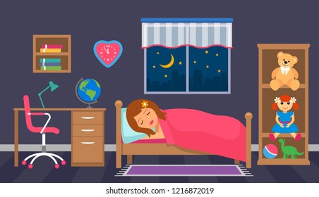 The girl sleeps in the children's room with toys. vector illustration isolated illustration