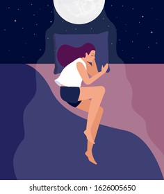 The girl sleeps in her bed under the moonlight.