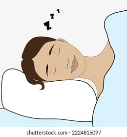 The girl sleeps on her side on an orthopedic pillow under a blanket. Vector illustration