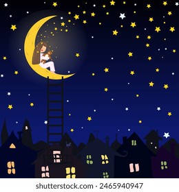 The girl sleeps on the moon in an embrace with a teddy bear. Fairy Baby Drawing for Illustrating Books Websites and Covers. Vector illustration the girl climbed the ladder to the moon and fell asleep