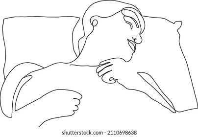 A girl sleeps on a pillow in bed. Vector line illustration.