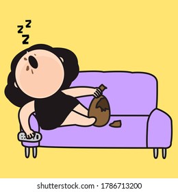 Girl Sleeps On Sofa With Televison Remote Control And Easter Egg Chocolate In Hand Concept Card Character illustration