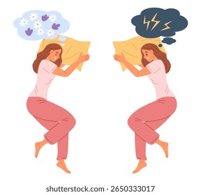 A menina dorme pacificamente em seu travesseiro e sofre de insônia ou dores de cabeça. Sonho noturno. Mulher sonolenta relaxando de pijama. Um pesadelo para dormir. Depressão