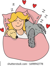 The girl sleeps in the same bed with two dogs. Illustration symbolizing home happiness, comfort and peace. Vector drawing.