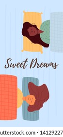 The girl sleeps sweetly on a soft pillow covered with a blanket. A woman African American has a dream. Vector flat illustration.