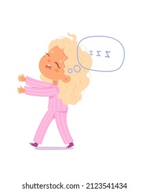 Girl sleepwalker walking in funny pajamas at night vector illustration. Cartoon sleepy kid with somnambulism sleepwalking, walk of lunatic character at nap time isolated on white