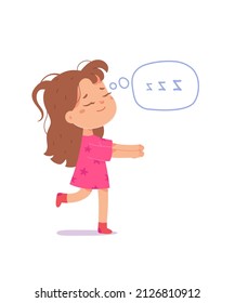 Girl sleepwalker walking in funny pajamas at night vector illustration. Cartoon sleepy kid with somnambulism sleepwalking, walk of lunatic character at nap time isolated on white