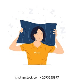 Girl sleepy and leans on a soft pillow concept illustration