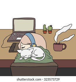 A girl sleepy sitting at her desk with white cat.