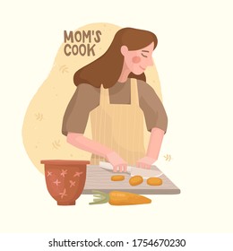 Girl slices carrots on a wooden cutting board. Bowl with floral patterns. Abstract background with leaves. Handwritten lettering "mom is cooking." Cooking delicious home dishes, recipes. Flat style