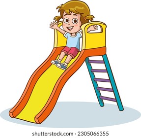 Girl sliding down a slide on a children's playground. Vector illustration