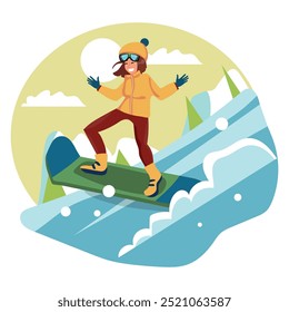 Girl sliding and jumping on a snowy mountain slope during winter, flat style cartoon background, vector illustration.