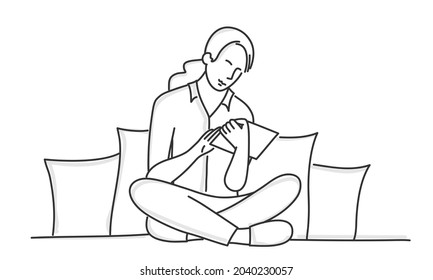Girl in slippers sitting on the couch with a tablet in her hands. Hand drawn vector illustration. Black and white.