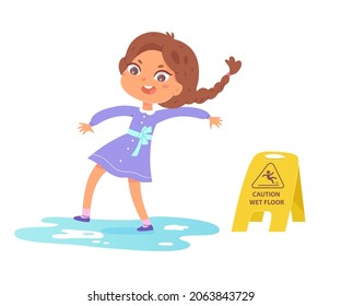 Girl slipping on clean slippery floor vector illustration. Cartoon little character stumbling, falling down in public area with puddle of water, caution wet floor accident sign isolated on white