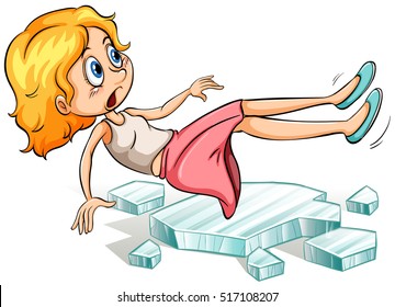 Girl slipping on cold ice illustration
