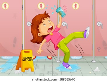 Girl slipping toilet floor
