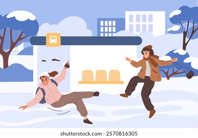 Girl slips on ice. Falling people. Woman with takeaway coffee loses balance. Icy road risks. Winter season. Dangerous situation. Slippery street. Stumbling persons