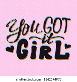 Girl slogan with 3d stereo effect. Hand drawn lettering. Womens right. Female, feminism symbols. Vector illustration. Can be used as print for poster, t shirt, postcard.