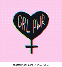 Girl slogan with 3d stereo effect. Hand drawn lettering. Womens right. Female, feminism symbols. Vector illustration. Can be used as print for poster, t shirt, postcard.
