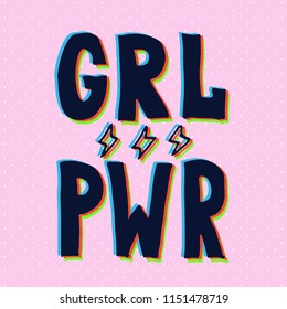 Girl slogan with 3d stereo effect. Hand drawn lettering. Womens right. Female, feminism symbols. Vector illustration. Can be used as print for poster, t shirt, postcard.