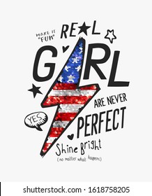 girl slogan with American flag glitter sequins in thunderbolt shape illustration